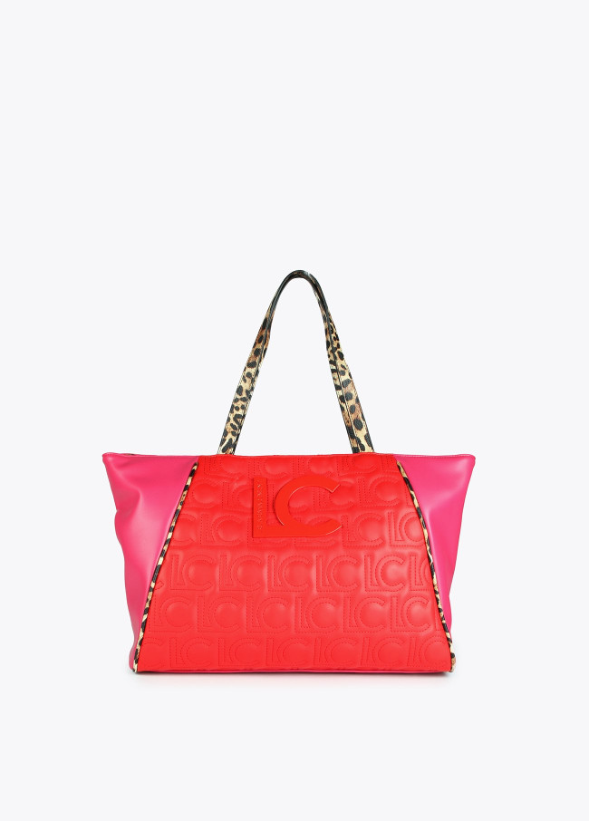 Two-tone tote bag with animal print hand