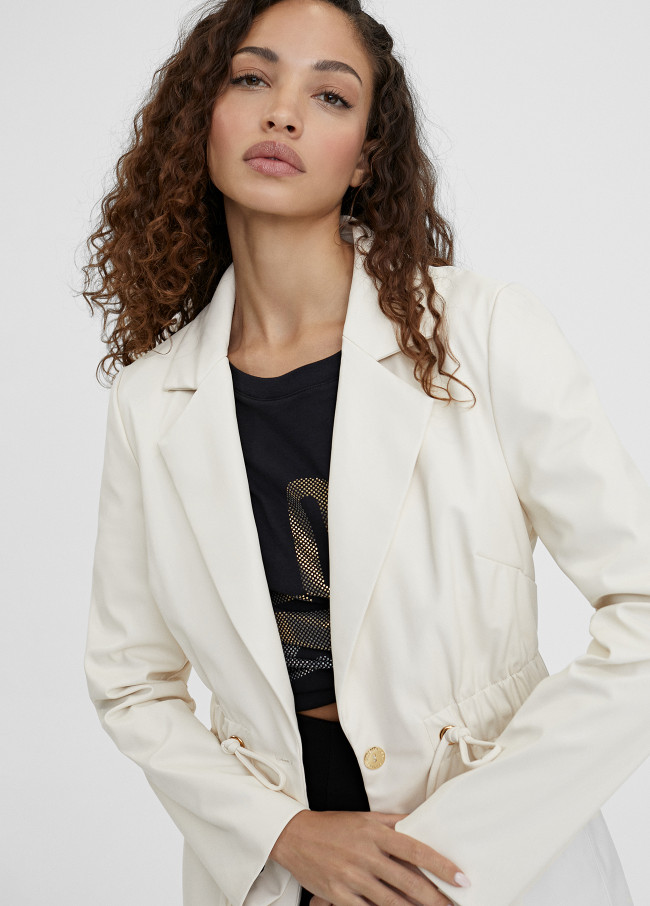 Faux leather gathered blazer