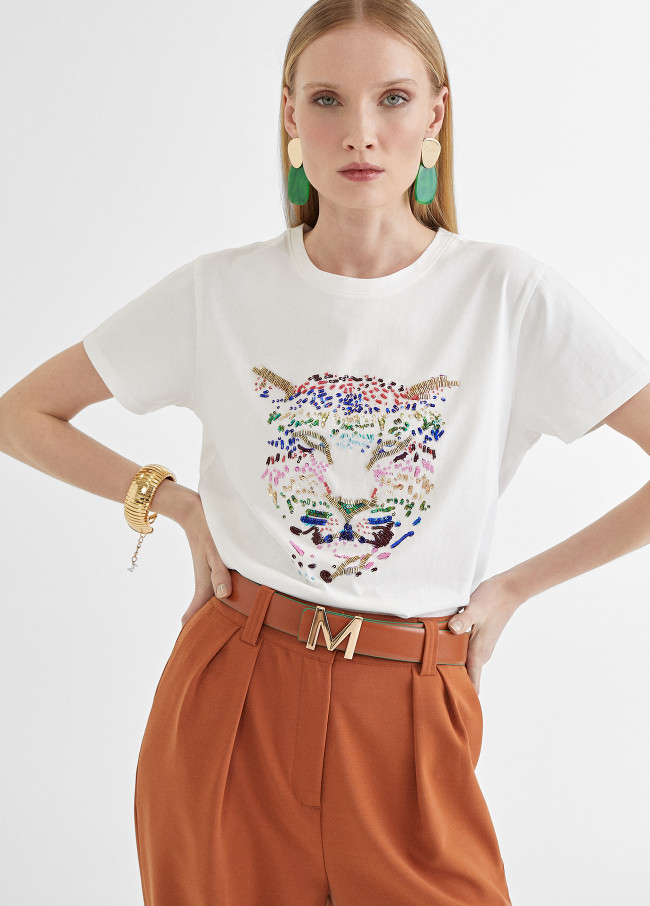 T-Shirt mit Tiger-Stickerei